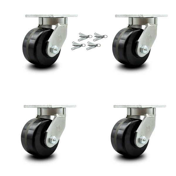 6 Inch Extra Heavy Duty Phenolic Swivel Caster Set with Swivel Locks, 4PK